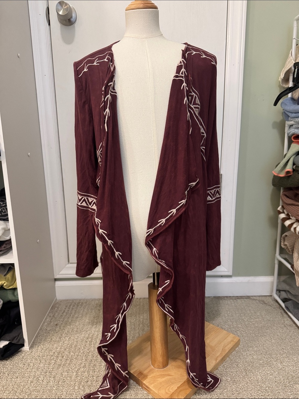 Women's Maroon Embroidered Open-Front Cardigan Sweater